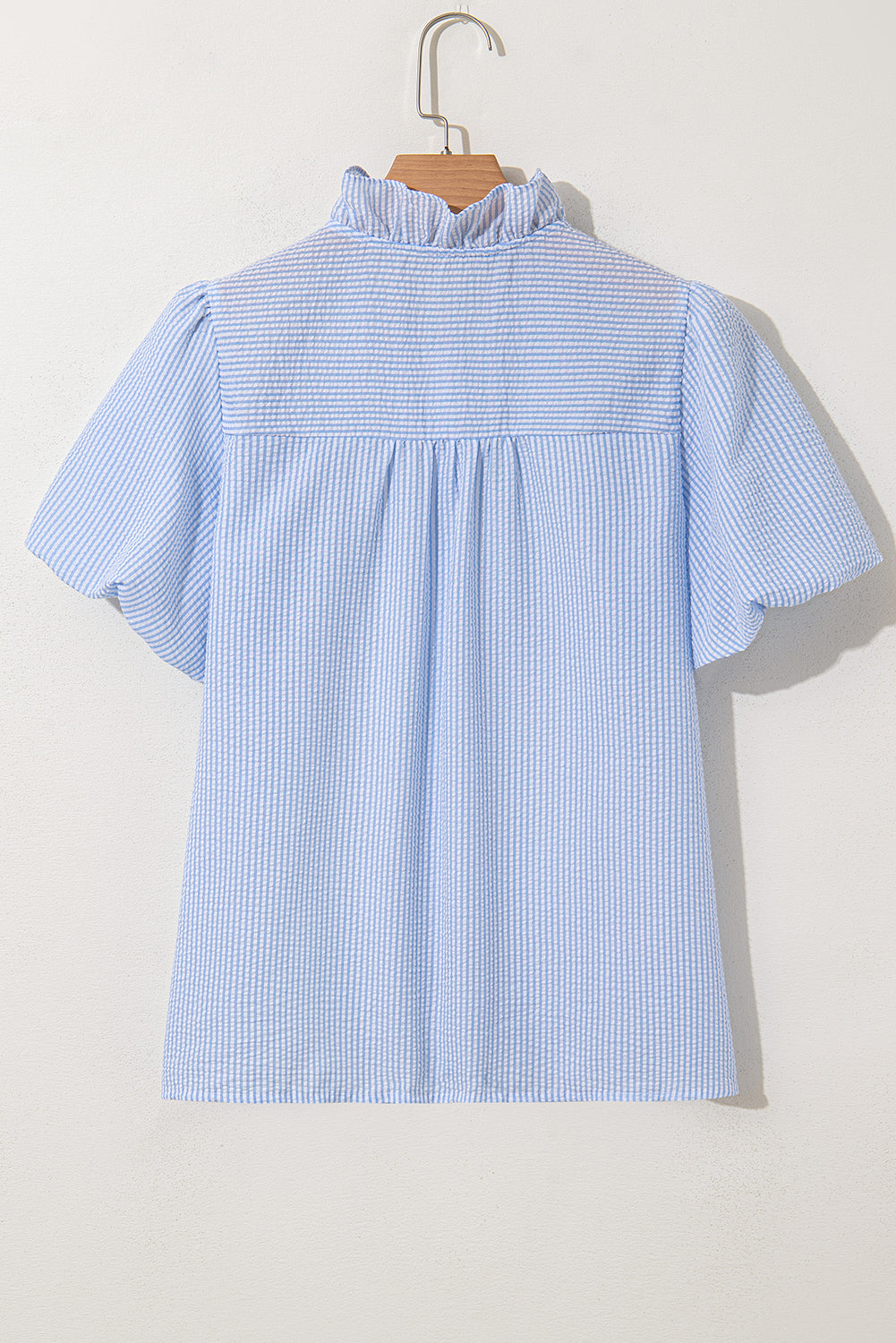 Beau Blue Striped Ruffle Short Bubble Sleeve Shirt