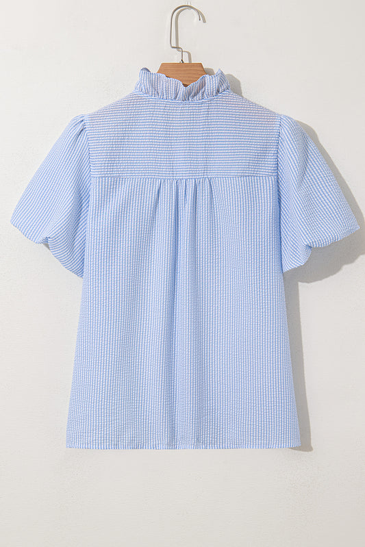 Beau Blue Striped Ruffle Short Bubble Sleeve Shirt