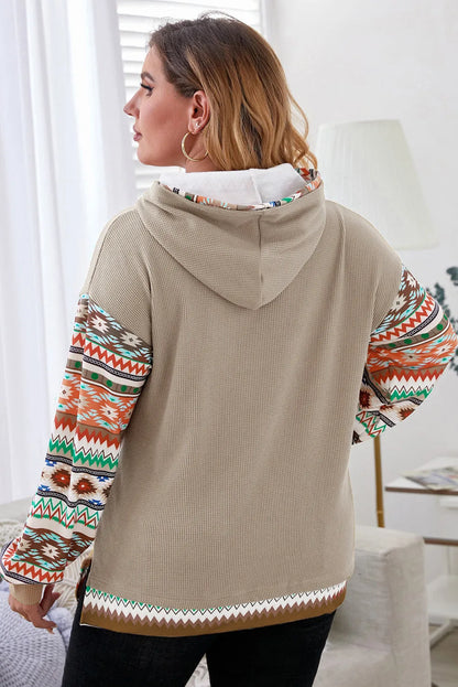 Smoke Gray Aztec Patchwork Sleeve Waffle Drawstring Plus Hoodie - Chic Meadow Boutique 