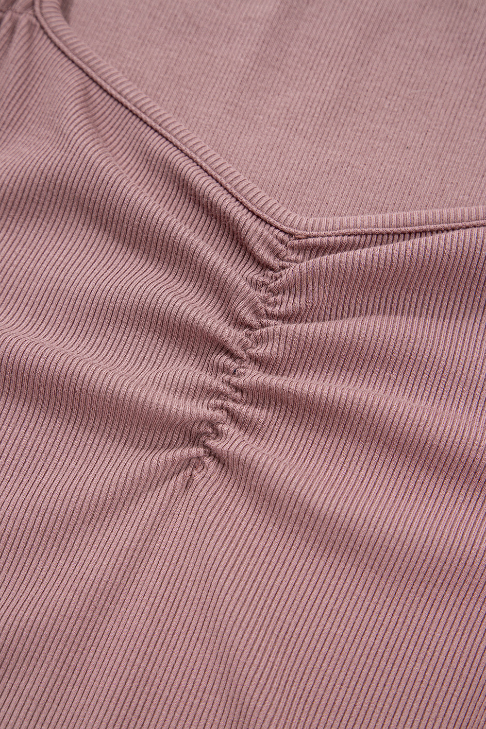 Old Rose Gathered Bust Square Neck Ribbed Fit Long Sleeve Top