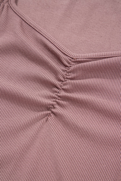 Old Rose Gathered Bust Square Neck Ribbed Fit Long Sleeve Top