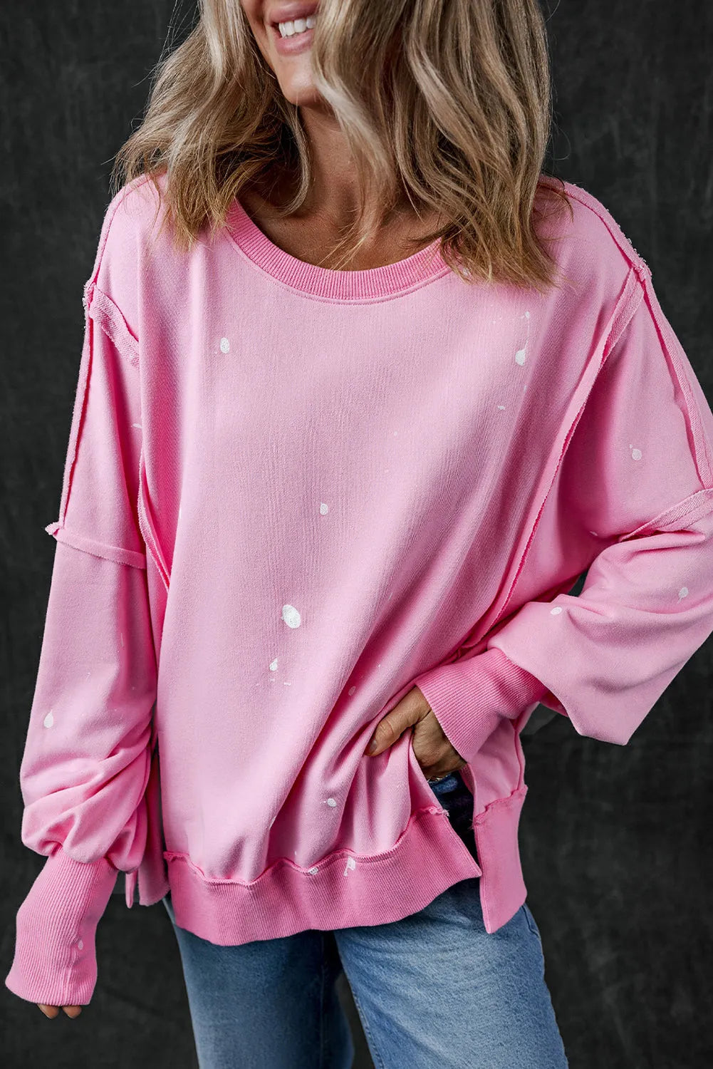 Bonbon Splash Spots Exposed Seam Baggy Sweatshirt - Chic Meadow Boutique 