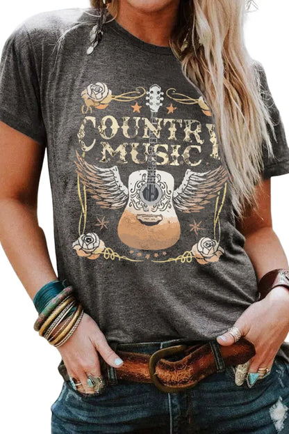 Gray COUNTRY MUSIC Guitar Graphic Print Crew Neck T Shirt - Chic Meadow Boutique 