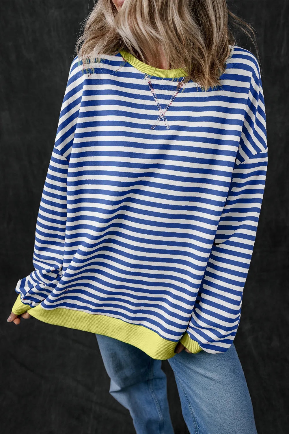 Blue Stripe Oversized Contrast Trim Pullover Sweatshirt - Chic Meadow Boutique 