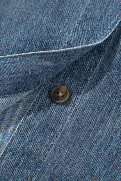 Sky Blue Color Block Pocket Detail Casual Button Down Denim Shirt