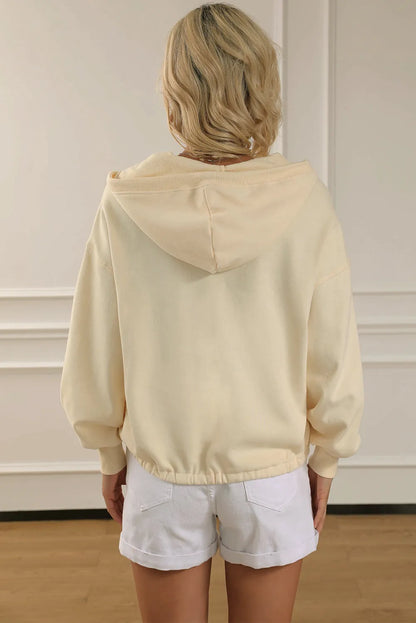 Beige Ribbed Trim Kangaroo Pocket Zipped Hoodie - Chic Meadow Boutique 