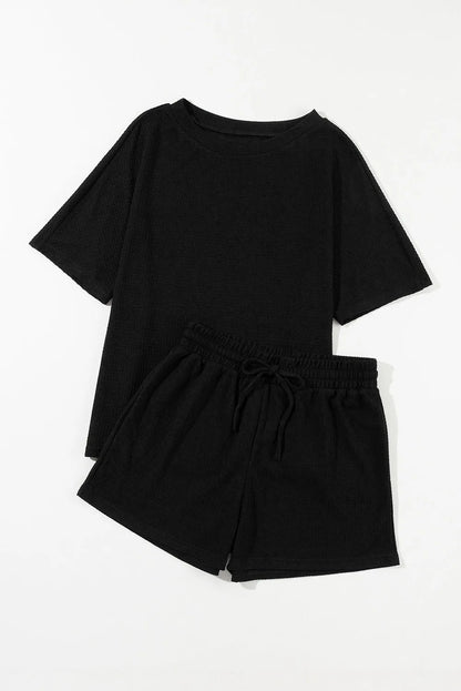 Black Casual Textured Tee and Drawstring Shorts Set - Chic Meadow Boutique 