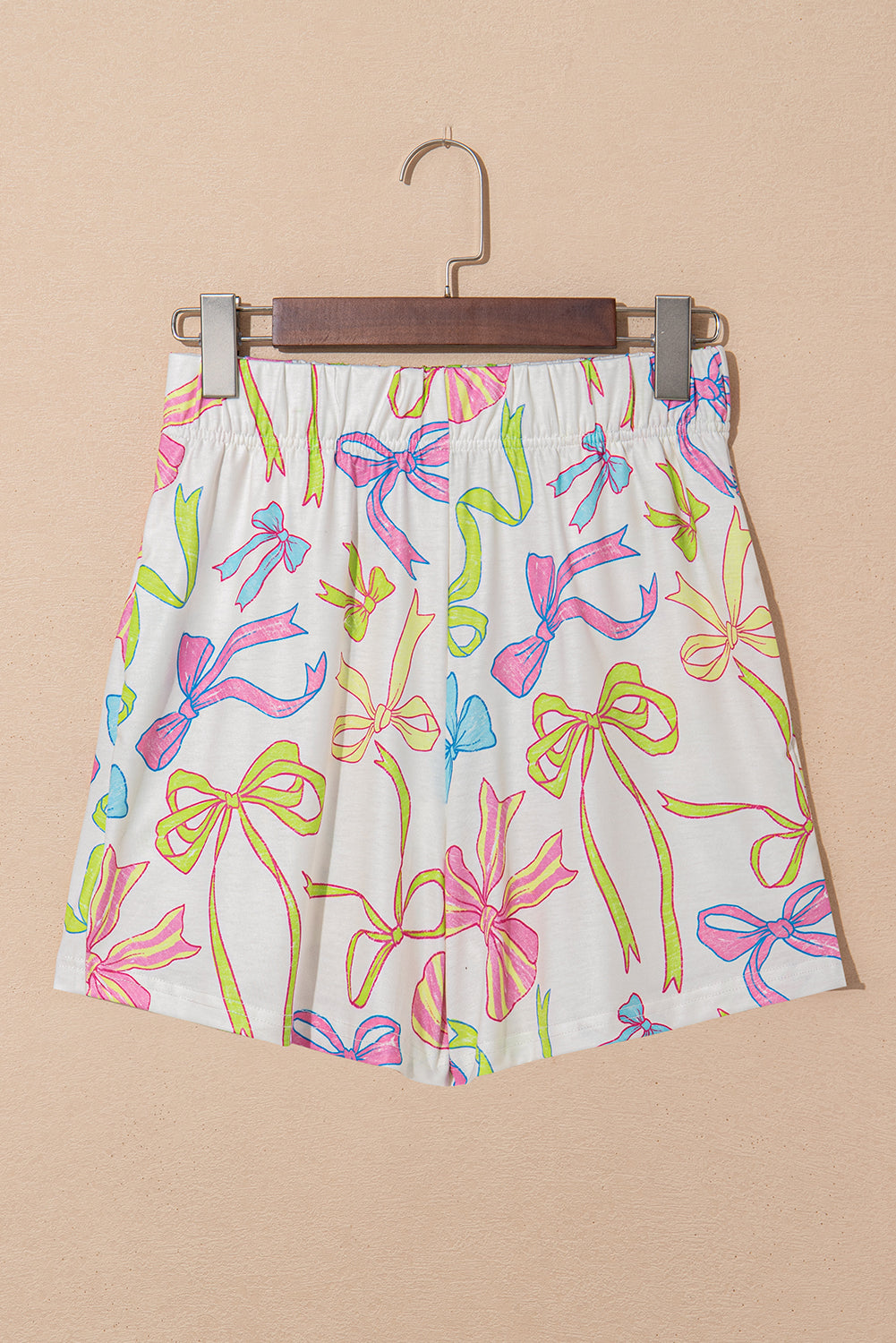 White Cheerful Bow Print Elastic Pull On Casual Shorts