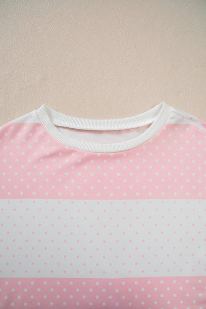 Pink Polka Dot Patchwork Colorblock Long Sleeve Top