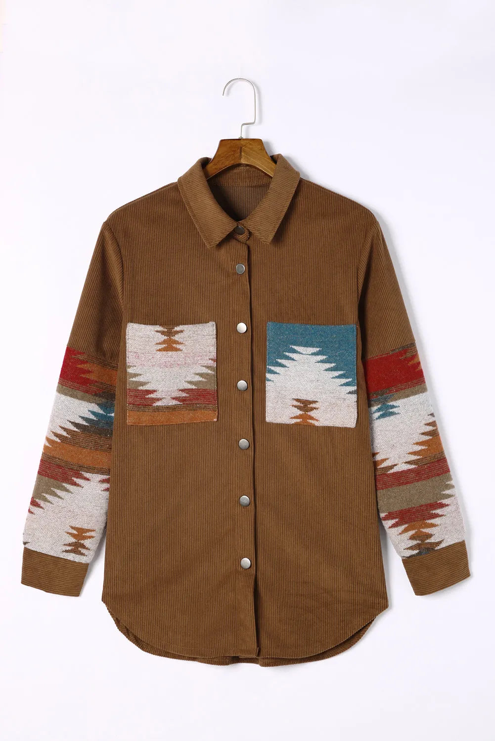 Khaki Aztec Pattern Corduroy Shacket - Chic Meadow Boutique 