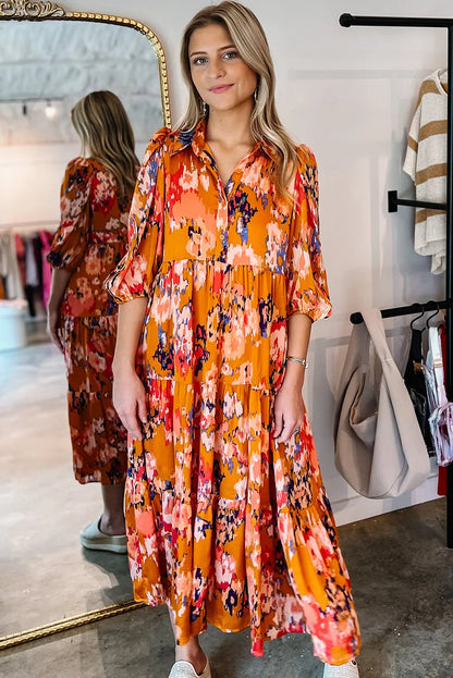 Orange Abstract Print Pleated Half Sleeve Buttoned Maxi Dress - Chic Meadow Boutique 