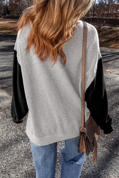 Gray Two Tone Patchwork Drop Shoulder Pullover Sweatshirt - Chic Meadow Boutique 