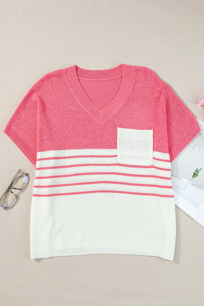 Strawberry Pink Contrast Stripes V Neck Knitted Short Sleeve Top - Chic Meadow Boutique 