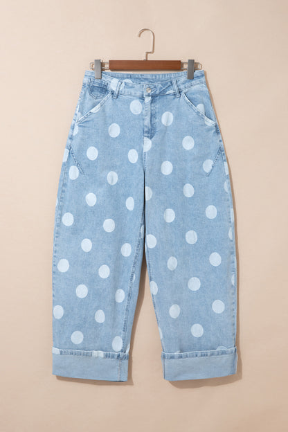 Sky Blue Polka Dot Ankle-Length Metal Button Casual Jeans