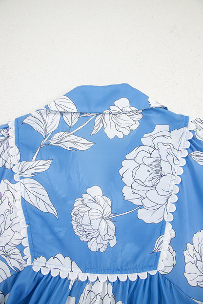 Sky Blue Floral Ricrac Trim Collared Puff Sleeve Loose Blouse