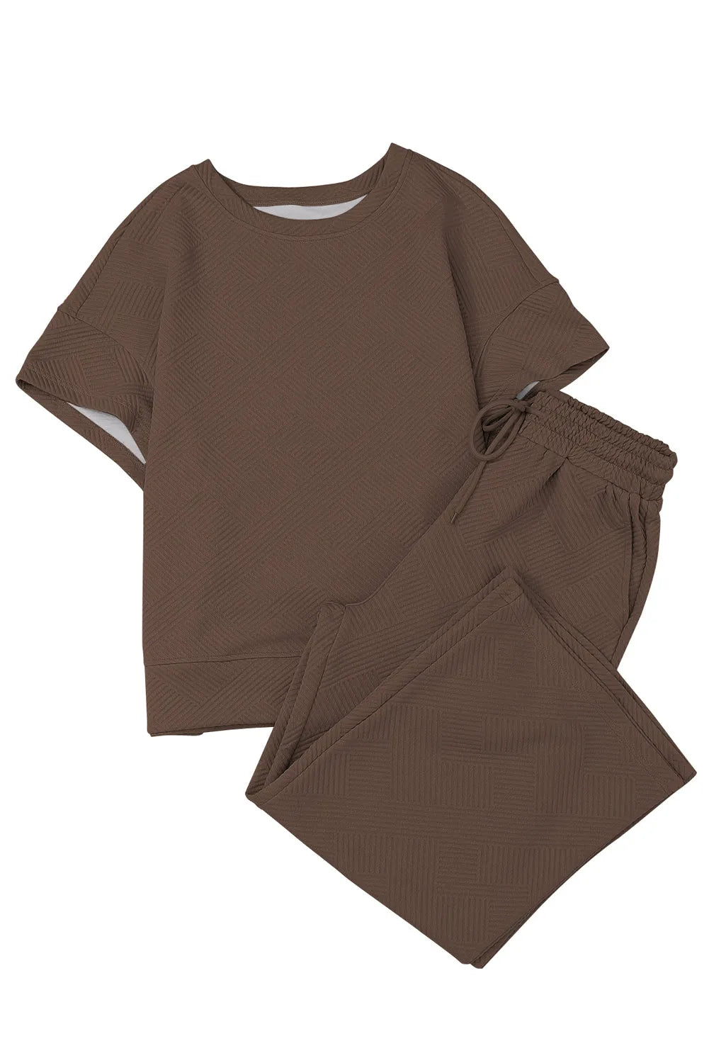 Brown Textured Loose Fit T Shirt and Drawstring Pants Set - Chic Meadow Boutique 