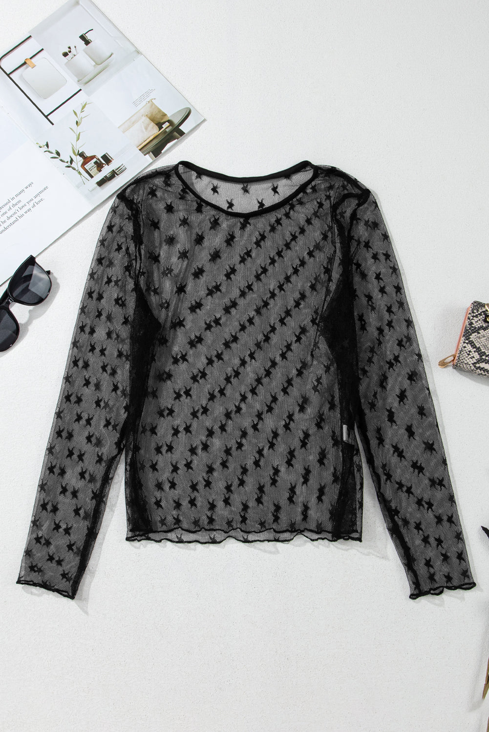 Black Star Print Mesh Sheer Slim Long Sleeve Top