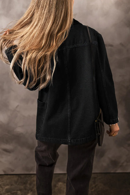 Black Side Pockets Lapel Collar Denim Jacket - Chic Meadow Boutique 