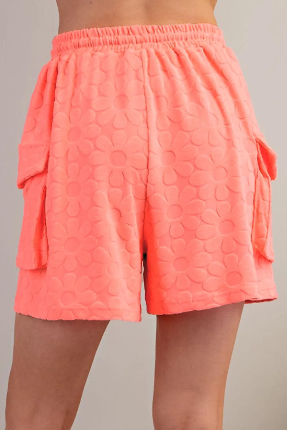 Two Piece Sets/Short Sets Grapefruit Orange Floral Textured Short Sleeve Top and Shorts Lounge Set