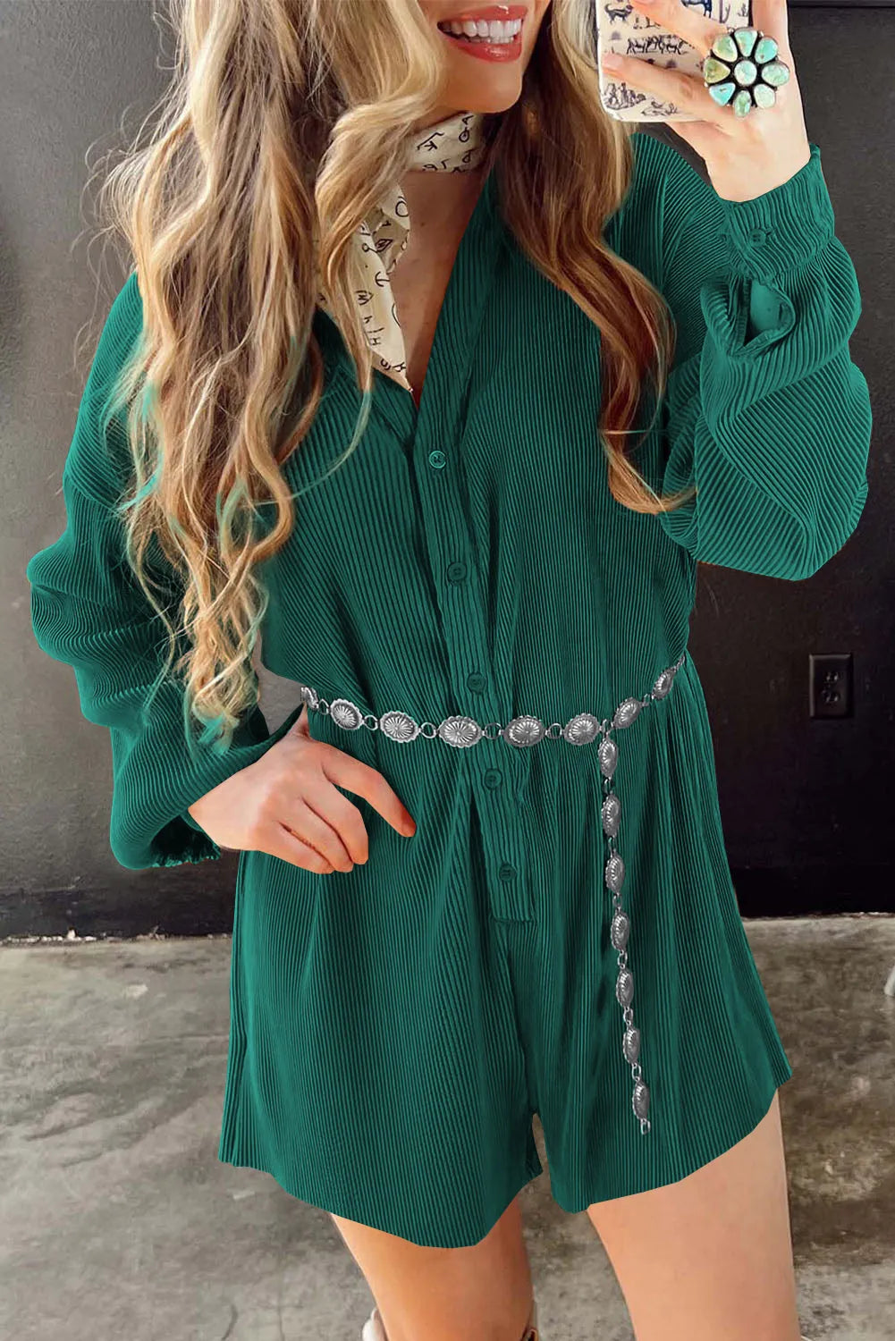 Sea Green Ribbed Long Sleeve Button Front Romper - Chic Meadow Boutique 