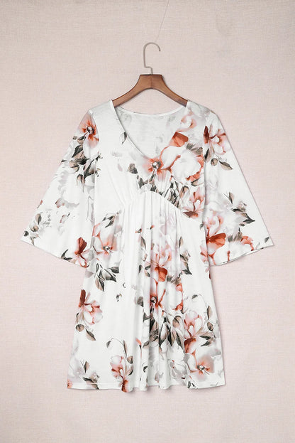 White V Neck 3/4 Sleeve Floral Dress - Chic Meadow Boutique 