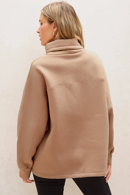 Light French Beige Drawstring Turtleneck Dolman Sleeve Sweatshirt - Chic Meadow Boutique 