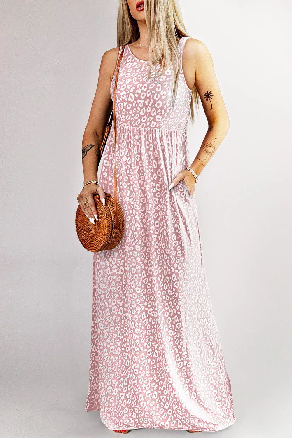 Dresses/Maxi Dresses Pink Leopard Print Pocketed Sleeveless Maxi Dress