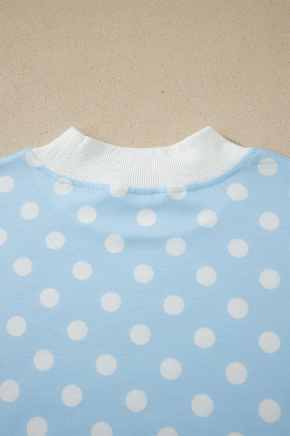 Sky Blue Polka Dot Print Color Block Trim Mock Neck Short Set