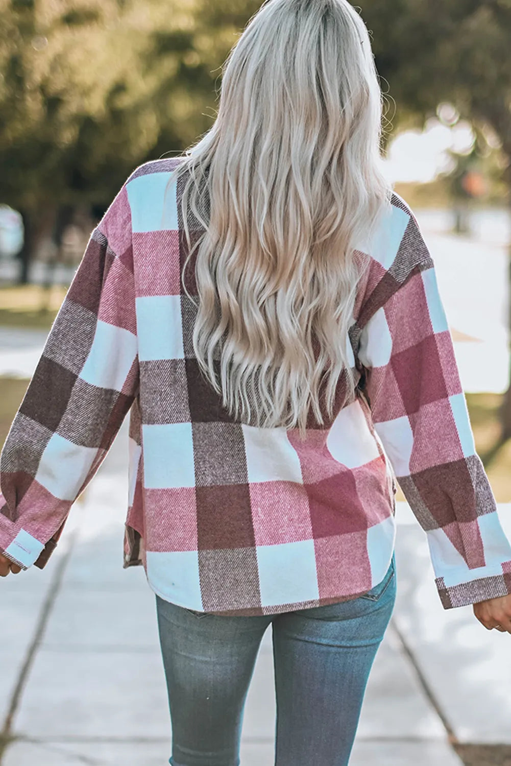 Plaid Color Block Buttoned Long Sleeve Jacket with Pocket - Chic Meadow Boutique 