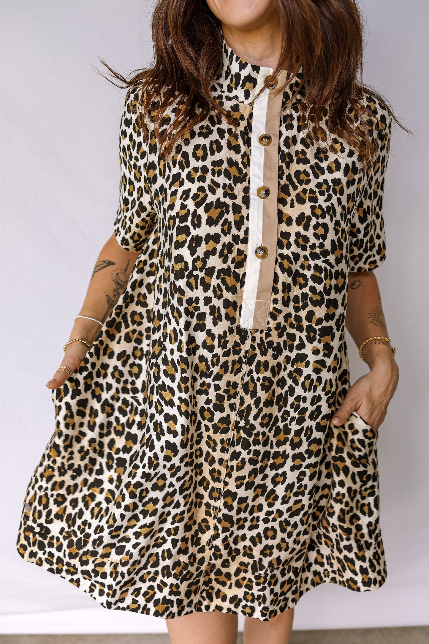 Multicolour Half Buttons Short Sleeve Loose Leopard Mini Dress with Pockets