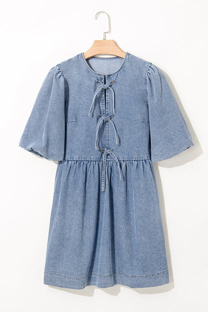 Dusk Blue Bowknot Bubble Sleeve Short Denim Dress