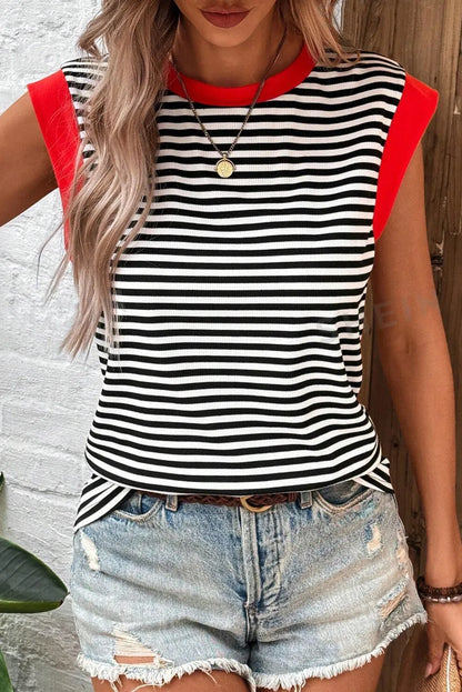 Black Stripe Colorblock Edge Round Neck Tank Top - Chic Meadow Boutique 