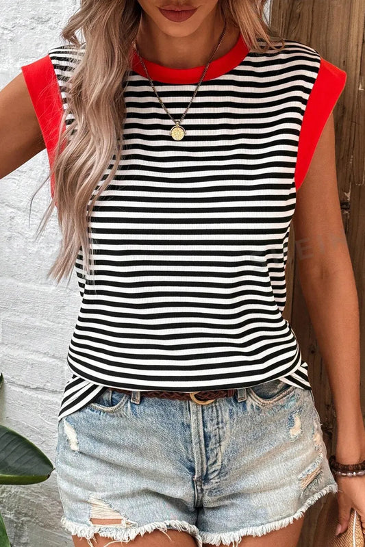 Black Stripe Colorblock Edge Round Neck Tank Top - Chic Meadow Boutique 