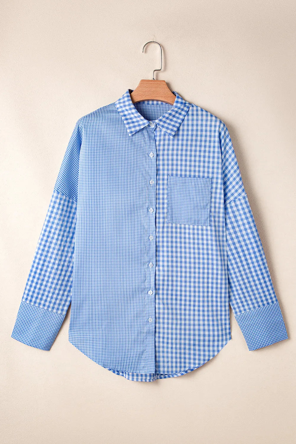 Sky Blue Stripe Plaid Patchwork Button up Long Sleeve Shirt - Chic Meadow Boutique 