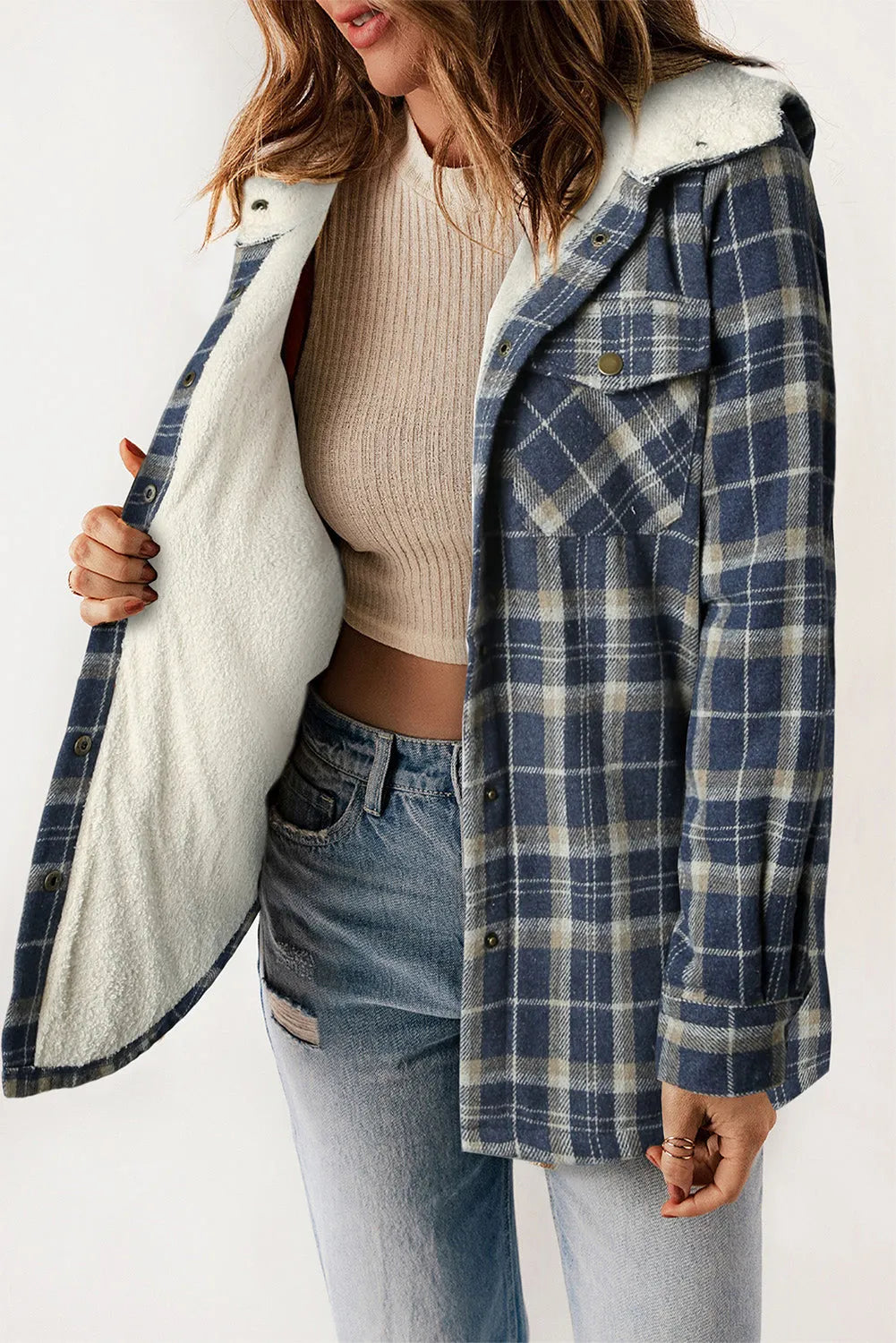 Blue Plaid Pattern Sherpa Lined Hooded Shacket - Chic Meadow Boutique 