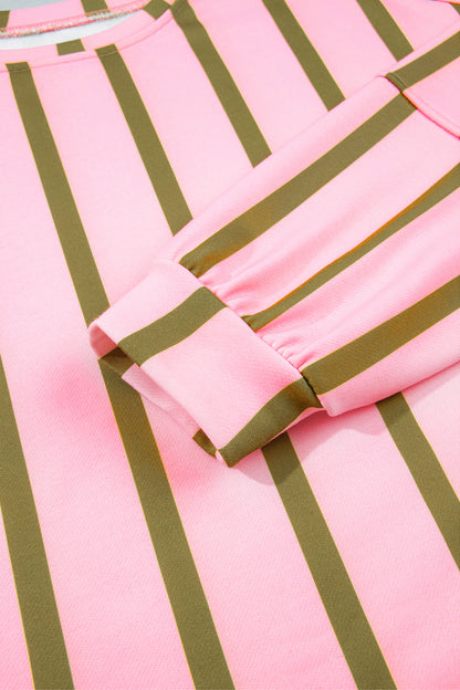 Green Stripe Dropped Shoulder Round Neck Casual Sweatshirt