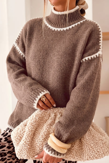 Dark Khaki Contrast Trim Mock Neck Drop Shoulder Relaxed Sweater