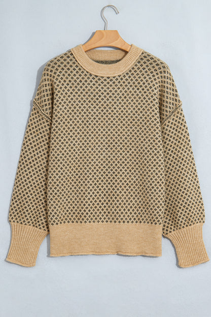 Khaki Geometric Print Drop Shoulder Round Neck Long Sleeve Sweater