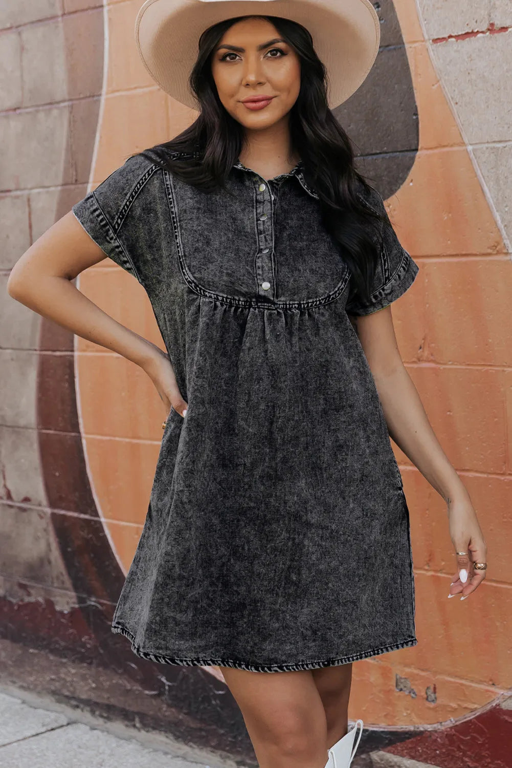 Black Acid Wash Button Front Collared Short Sleeve Denim Dress - Chic Meadow Boutique 