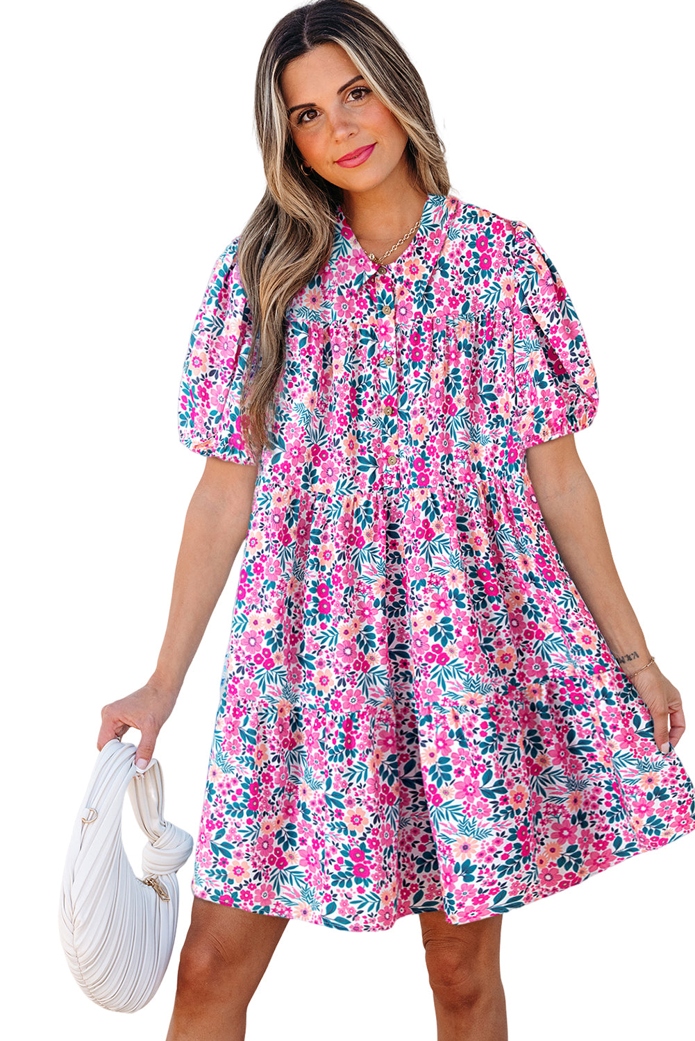 Pink Floral Collared Half Placket Short Sleeve Loose Dress