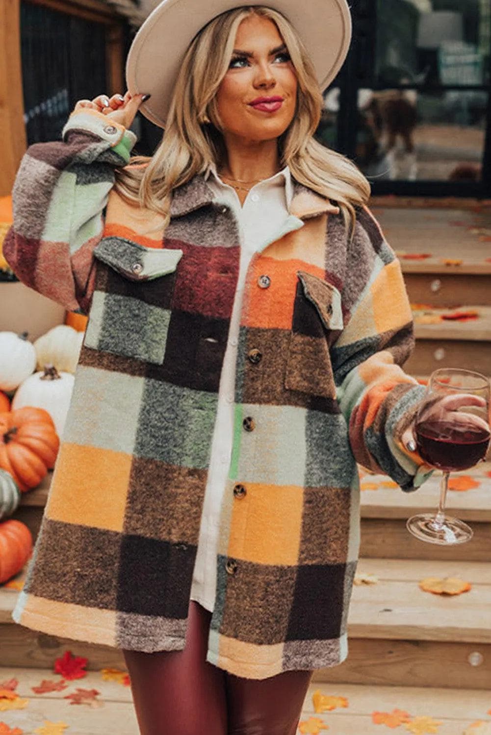 Outerwear/Jackets Orange Plaid Print Flap Pocket Long Jacket