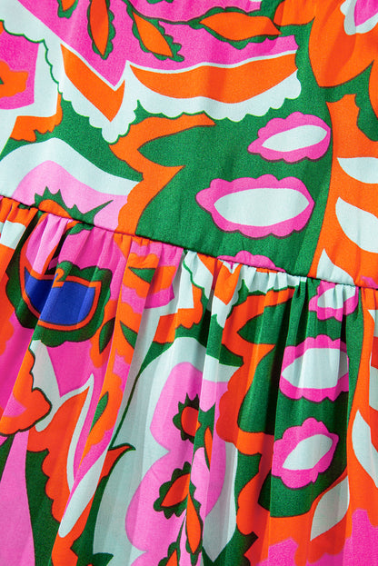 Rose Summer Plant Print Lace up V Neck Short Sleeve Blouse