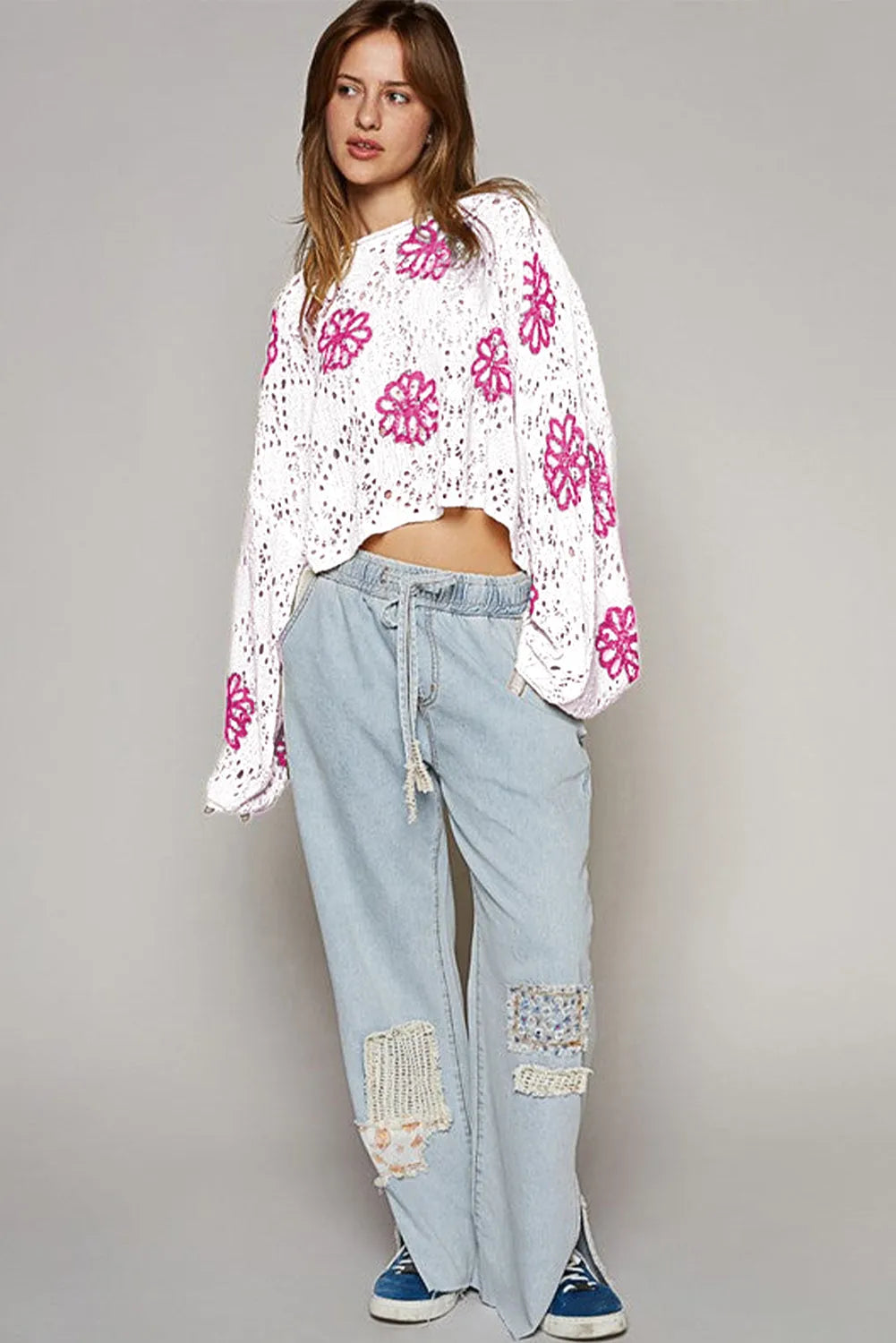 White Contrast Flower Print Eyelet Drop Shoulder Sweater - Chic Meadow Boutique 