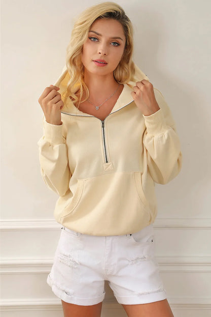 Beige Ribbed Trim Kangaroo Pocket Zipped Hoodie - Chic Meadow Boutique 