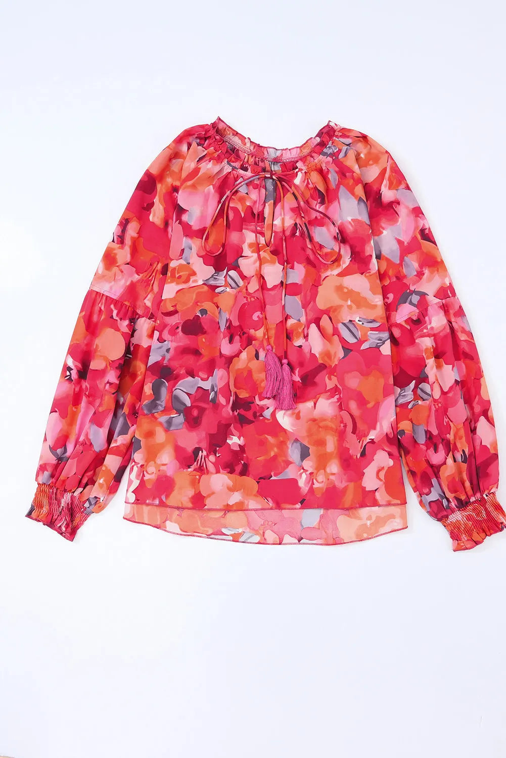 Fiery Red Floral Print Split Neck Tassel Tie Blouse - Chic Meadow Boutique 