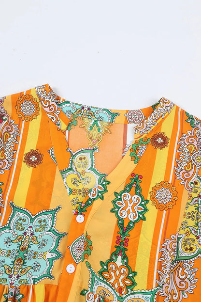 Orange Boho Geometric Print Buttoned V Neck Mini Dress - Chic Meadow Boutique 