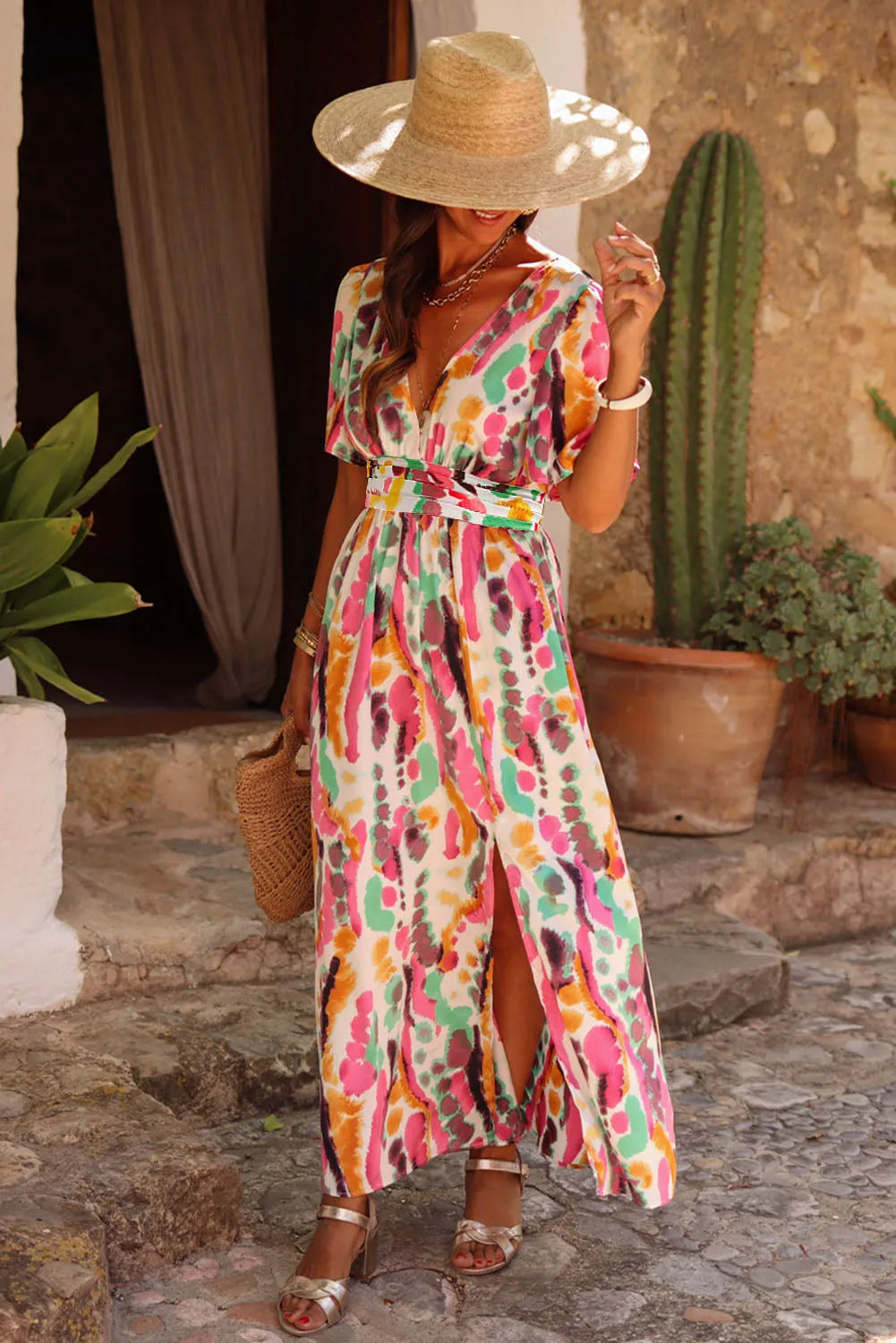 Pink Boho Tie-dye Print V Neck Maxi Dress - Chic Meadow Boutique 