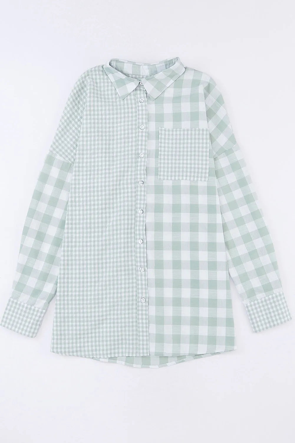 Tops/Blouses & Shirts Green Mix Checked Patchwork Long Sleeve Shirt