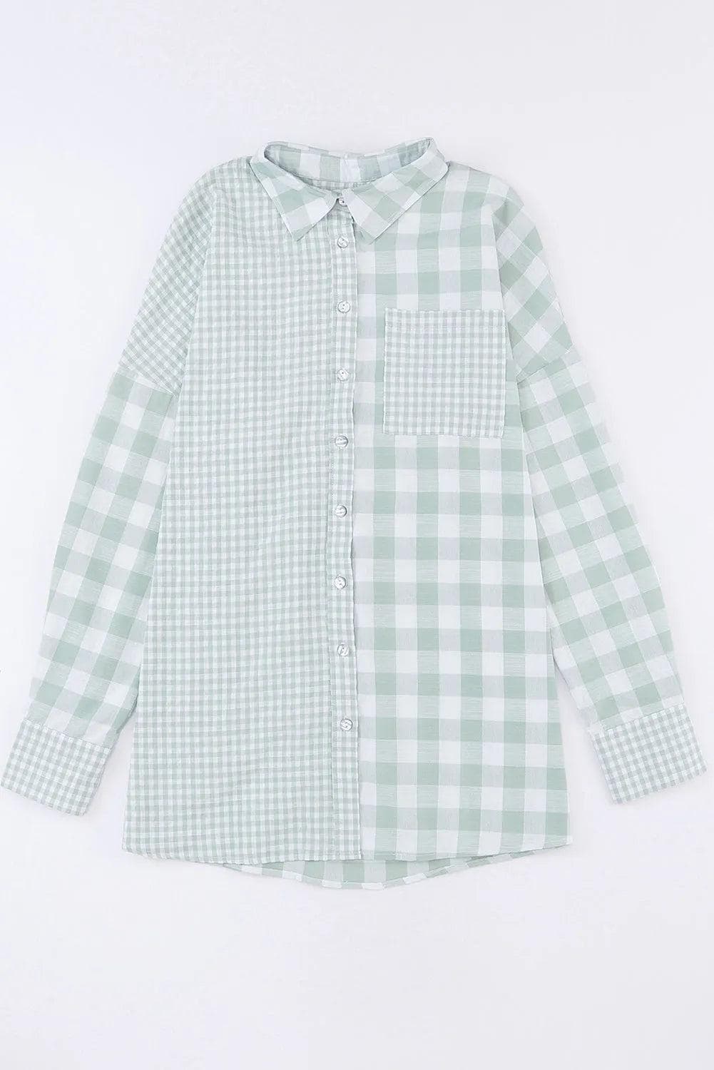 Green Mix Checked Patchwork Long Sleeve Shirt - Chic Meadow Boutique 