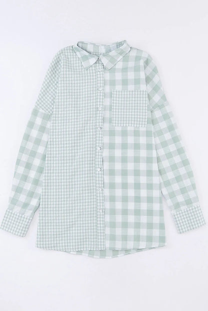 Tops/Blouses & Shirts Green Mix Checked Patchwork Long Sleeve Shirt